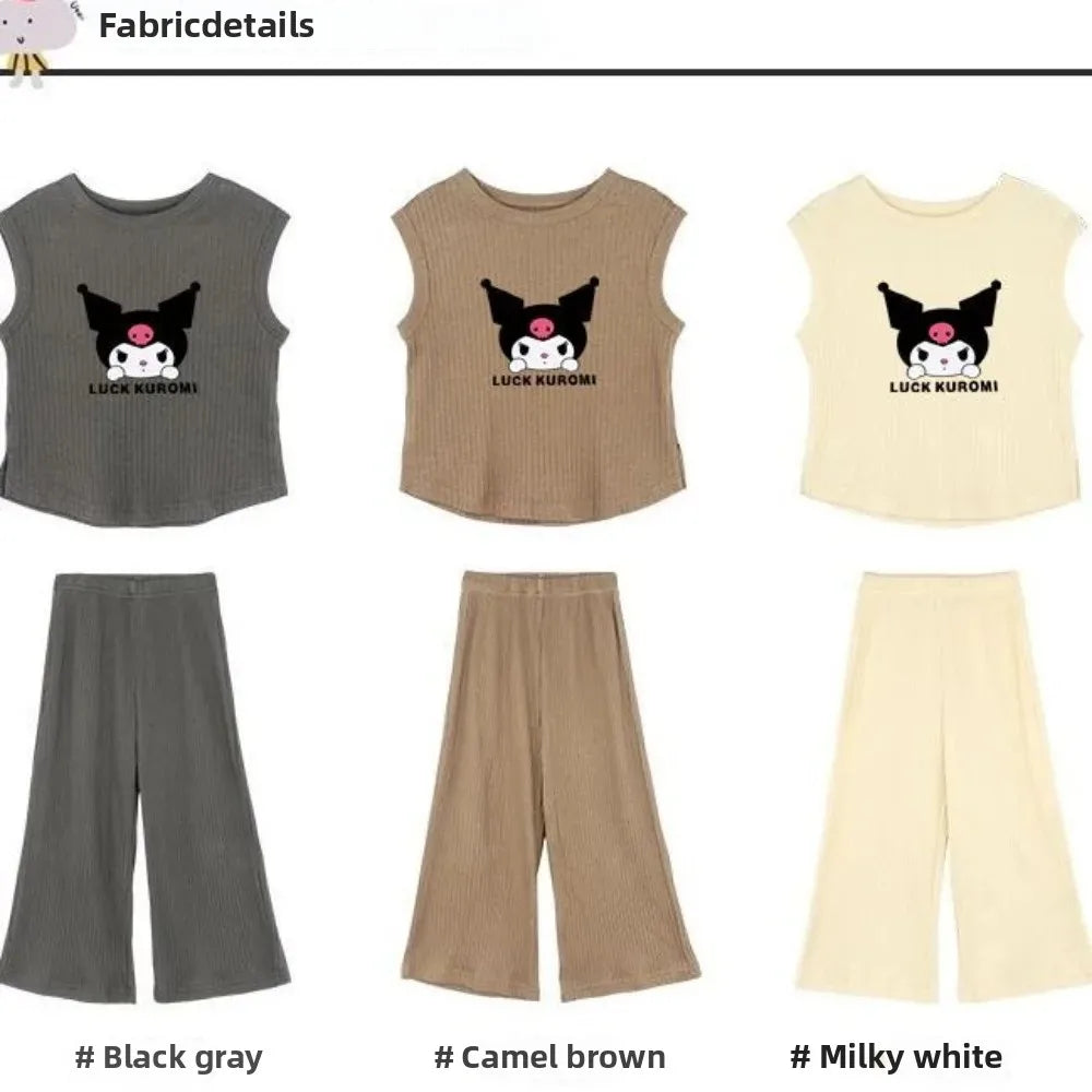 2026 Summer Kuromi Anime Kawaii Baby Ice Silk Sleeveless Vest Top Pants Two Sets Cute Cartoon Children Clothes Gifts for Kids