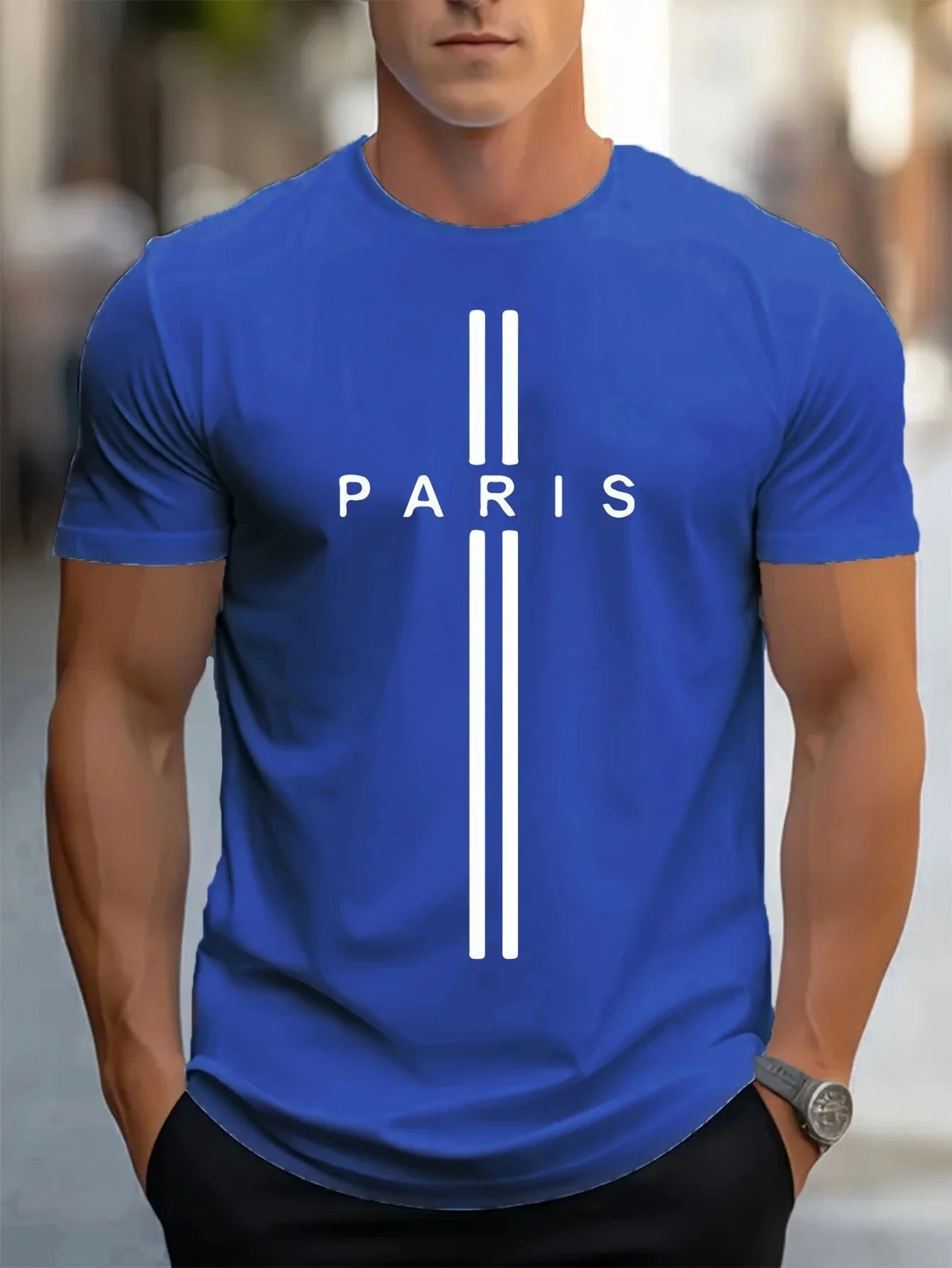 3D printed men's loose summer T-shirt, Paris printed round neck casual tight T-shirt, short sleeved T-shirt
