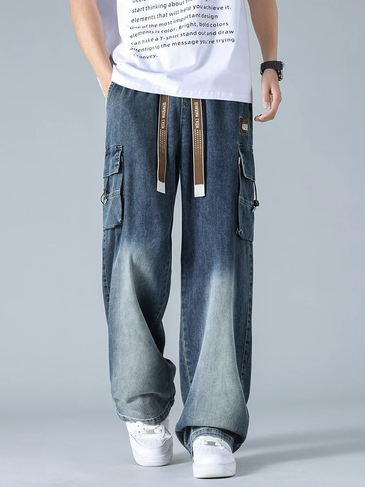 Summer Men's Straight Jeans Multi-Pockets Wide Leg Denim Cargo Pants 8XL 7XL 6XL Big Size Lightweight Baggy Jeans Trousers