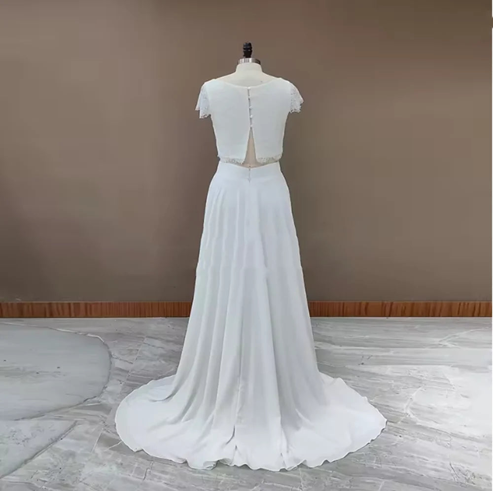 Customized Two Piece Lace Boho Wedding Dress Crop Top Princess Scoop Buttons Cap Sleeves High Low Maxi Beach Chiffon Bridal Gown