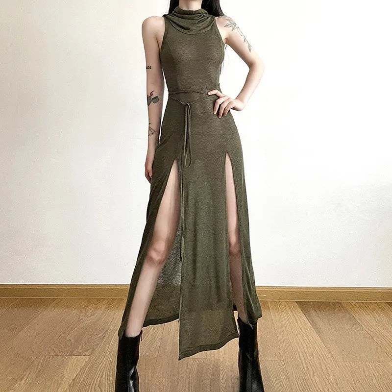y2k Dress Women Clothes Solid Color Sleeveless Hollow Out Back Slit Hooded Dress 2000s Halloween Party Dresses