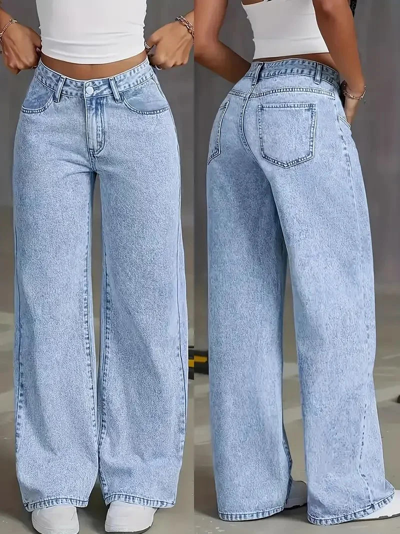 plus Size Women's Wide Leg Jeans Washed Elastic Casual Loose Fit Ladies Denim Pants Comfortable Stretchy Trousers