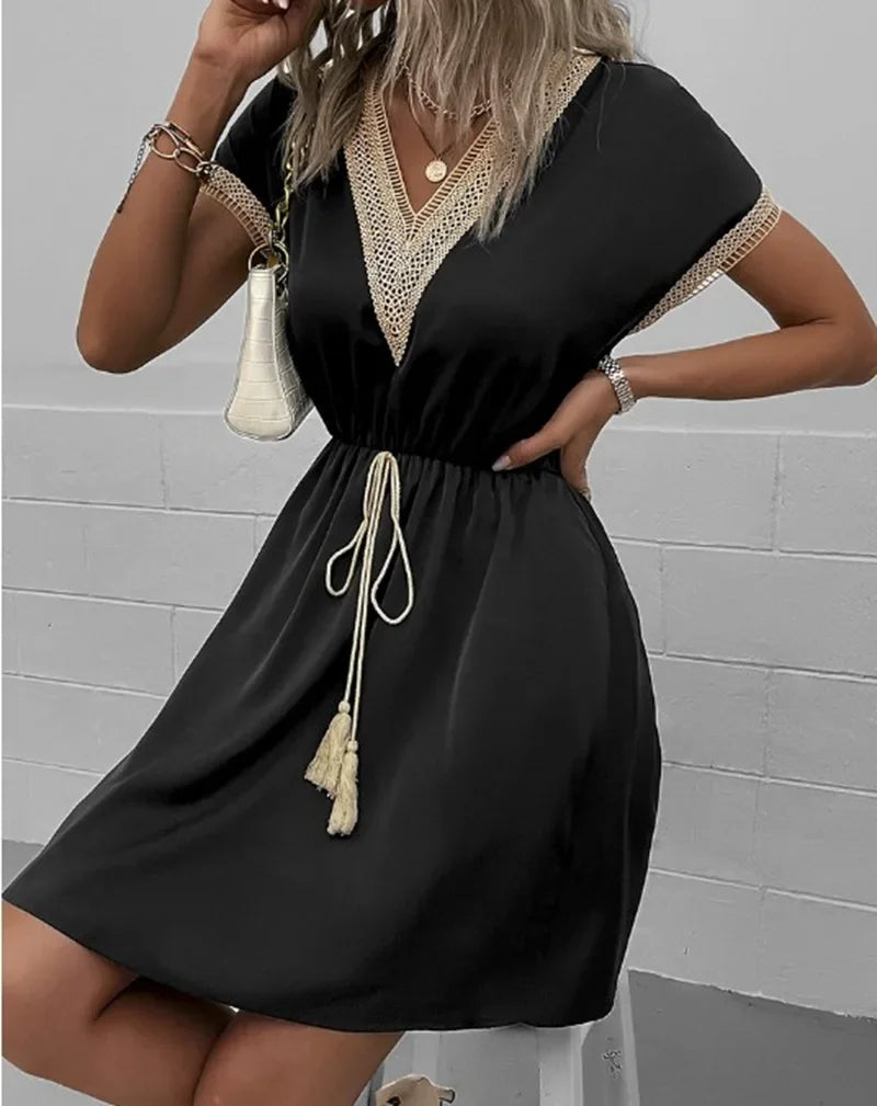 Summer Solid Short Sleeve Lace V Neck Waistband Female Beach Midi Short Dress Elegant Women's Sweet White Solid Color Dresses