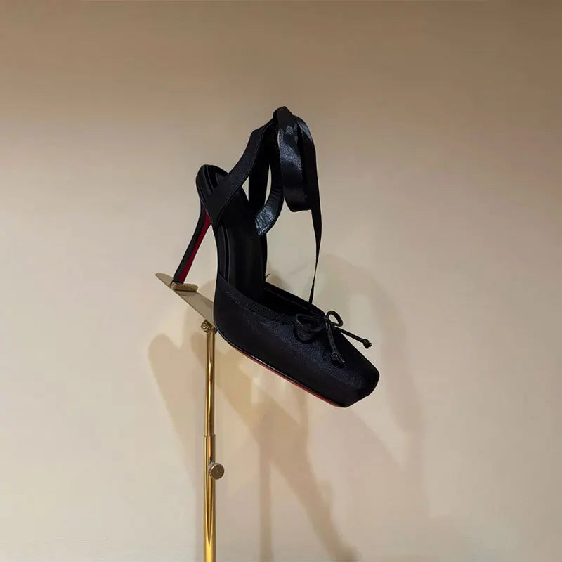European and American Niche High-heeled Square Toe Ankle Strap Satin Bow Ballet Toe Cap Red Sole Plus Size Women's Sandals