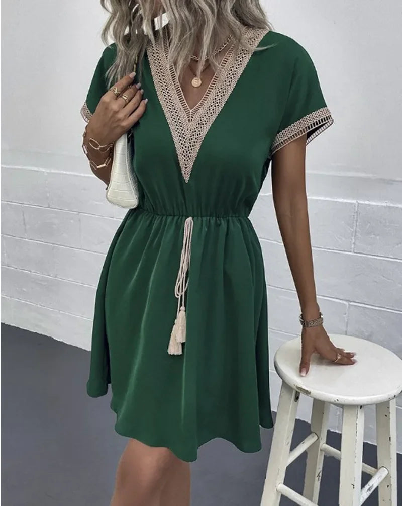 Summer Solid Short Sleeve Lace V Neck Waistband Female Beach Midi Short Dress Elegant Women's Sweet White Solid Color Dresses