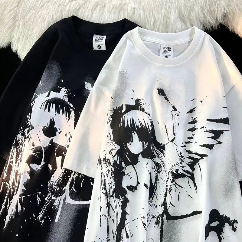 Retro Angel Print Short-sleeved Women T-shirt Summer  Harajuku Casual   Loose Cotton Oversize Women's T-shirts Female Clothing