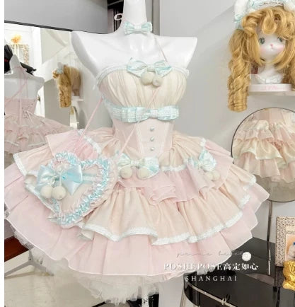 New Girls Birthday Lolita Dress 2026 Spring and Summer Women's Tube Top Satin Bowknot Slim Pettiskirt Short Mini Party Dress