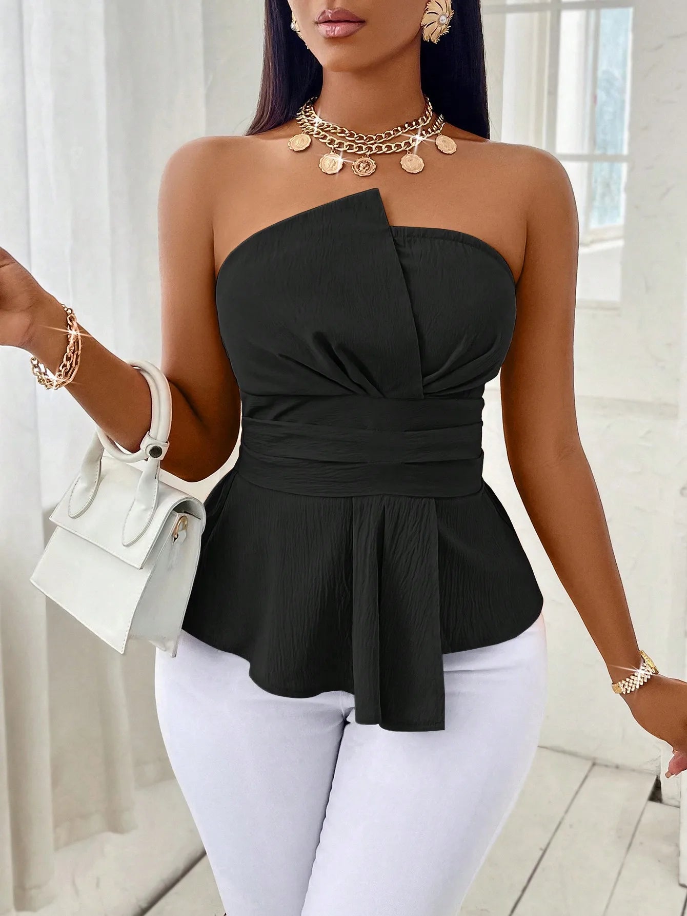 Elegant Peplum Strapless Top, Belted Wrap Waist Blouse for Vacation & Commute