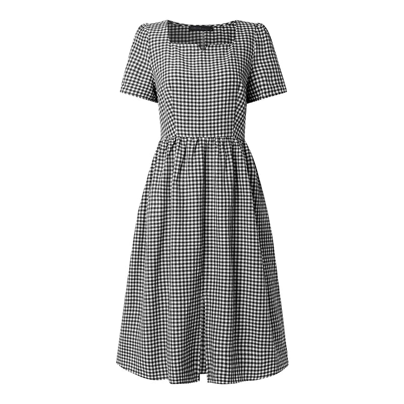 Women Summer Plaid Dress 2026 ZANZEA Elegant Square Neck Short Sleeve Midi Dresses Casual Work Vestidos Stylish Holiday Sundress