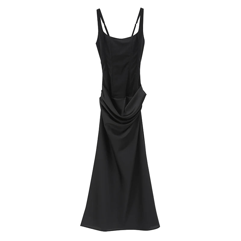 Women's Red Pleated Sling Maxi Dress Square Neck Sleeveless Off-shoulder Waist Cinching Slim Dresses Fashion Evening Party Gowns