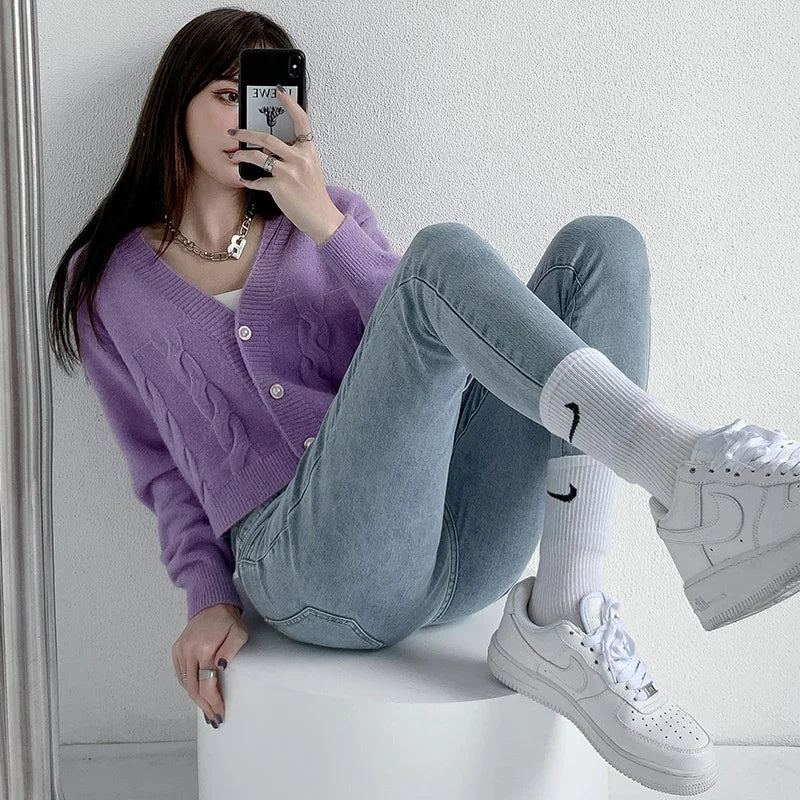 Skinny Pencil Y2K Jeans Four Buttons Vintage High Waist Women Slim Stretch Denim Pants Tight Trousers 2025 Women's Denim Pants