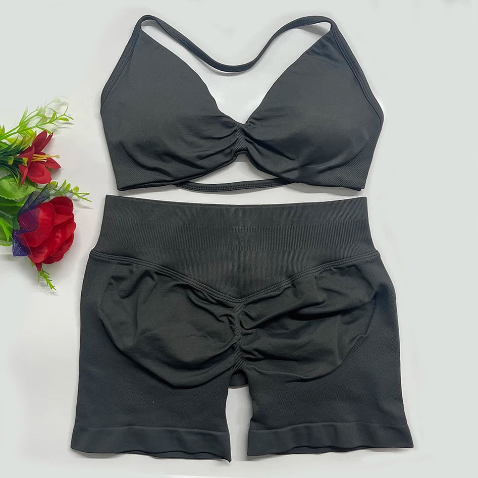 2pcs impact Gym Set Women DFNNYE strappy Yoga Fitness outfits Bra Top sportswear Workout Seamless Shorts Sports Suits  sets