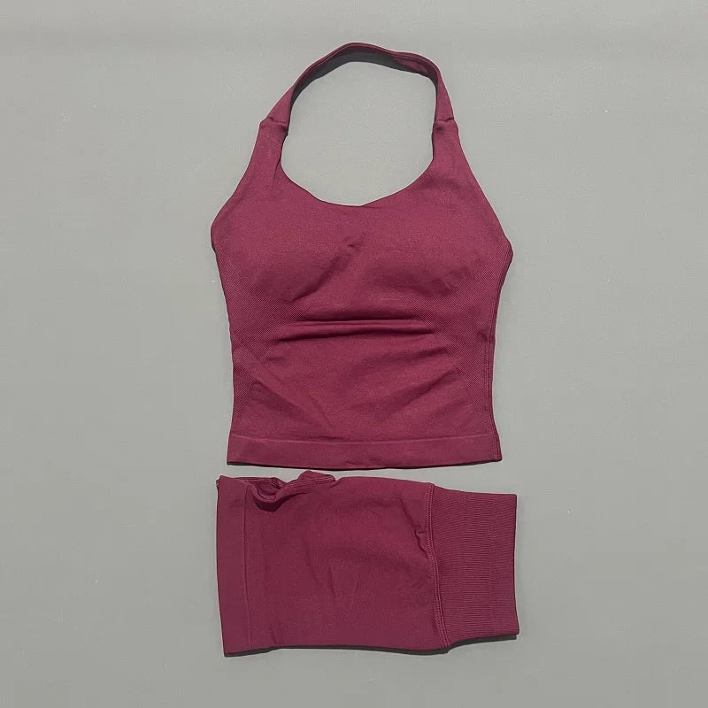 2 Peice Histello Sports Set Women Seamless Halter Top Longline Strappy Padded Scrunch Shorts Set Yoga Suit Gym Workout Sets