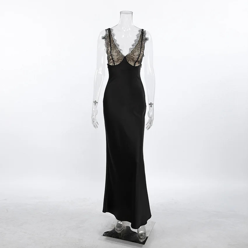 Tossy Lace V-Neck Printed Long Dress Women's Patchwork High Waist Slim Backless Summer 2026 New Dress Female Party Dress Gown