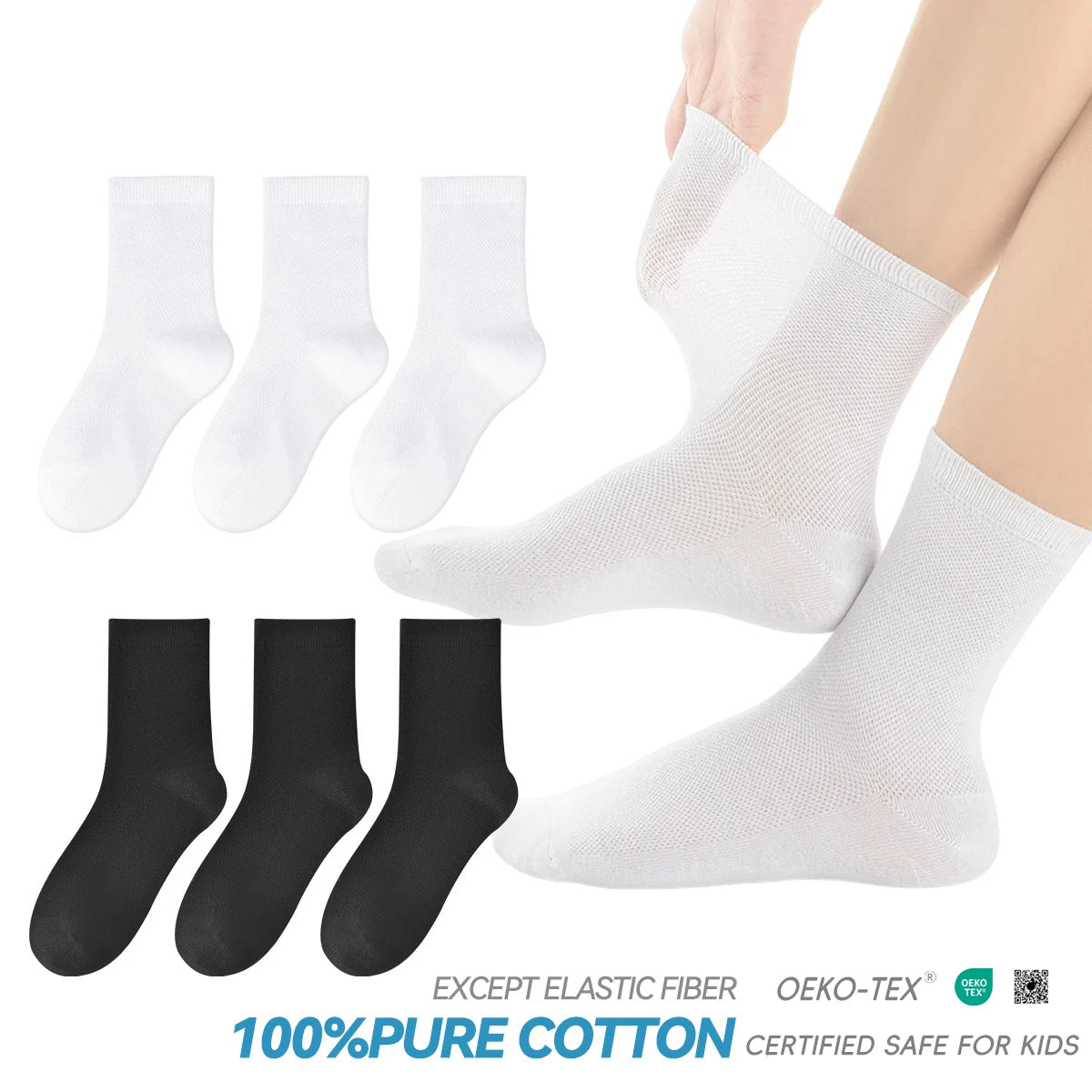 Children's pure cotton seamless socks,mesh thin mid-calf style for summer, suitable for students to wear to school, for sports