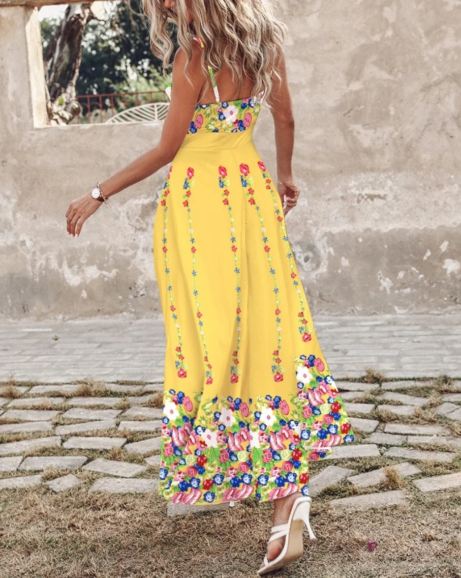 Women's Ombre Leaf Eyelet Strap Maxi Dress Elegant Hawaiian Vacation Sleeveless Summer