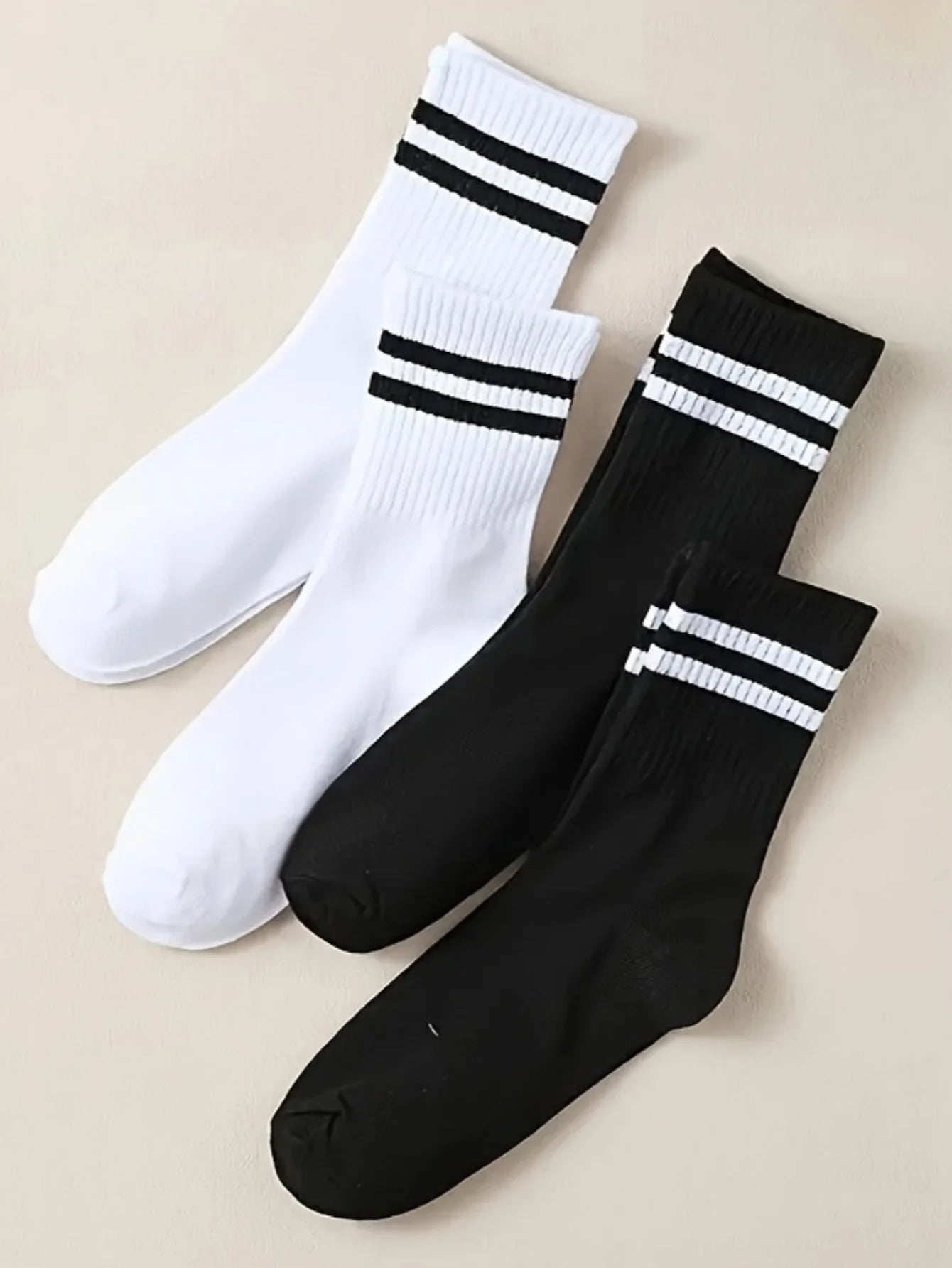 3/ 6 pairs Striped mid-calf socks, crew socks, comfortable and breathable, women's white socks, suitable for daily sports wear