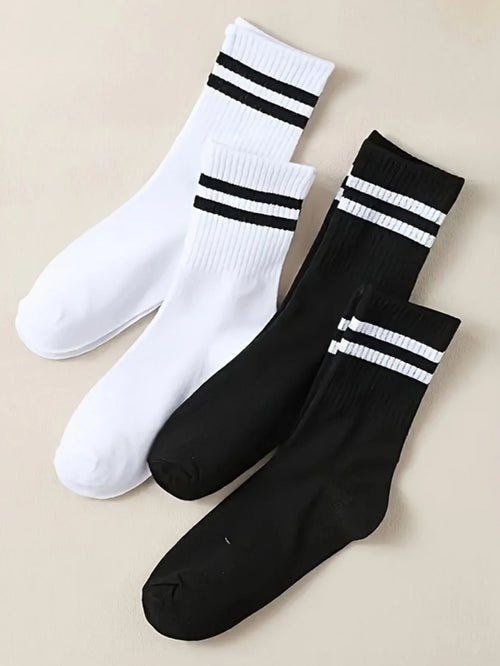 3/ 6 pairs Striped mid-calf socks, crew socks, comfortable and breathable, women's white socks, suitable for daily sports wear