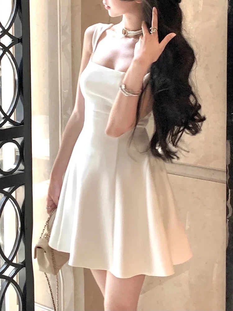 Elegant Korean Fashion Summer Evening Party Red U-neck Sling Dress Lady Casual High Waist Sleeveless Strap Mini Dress for Women