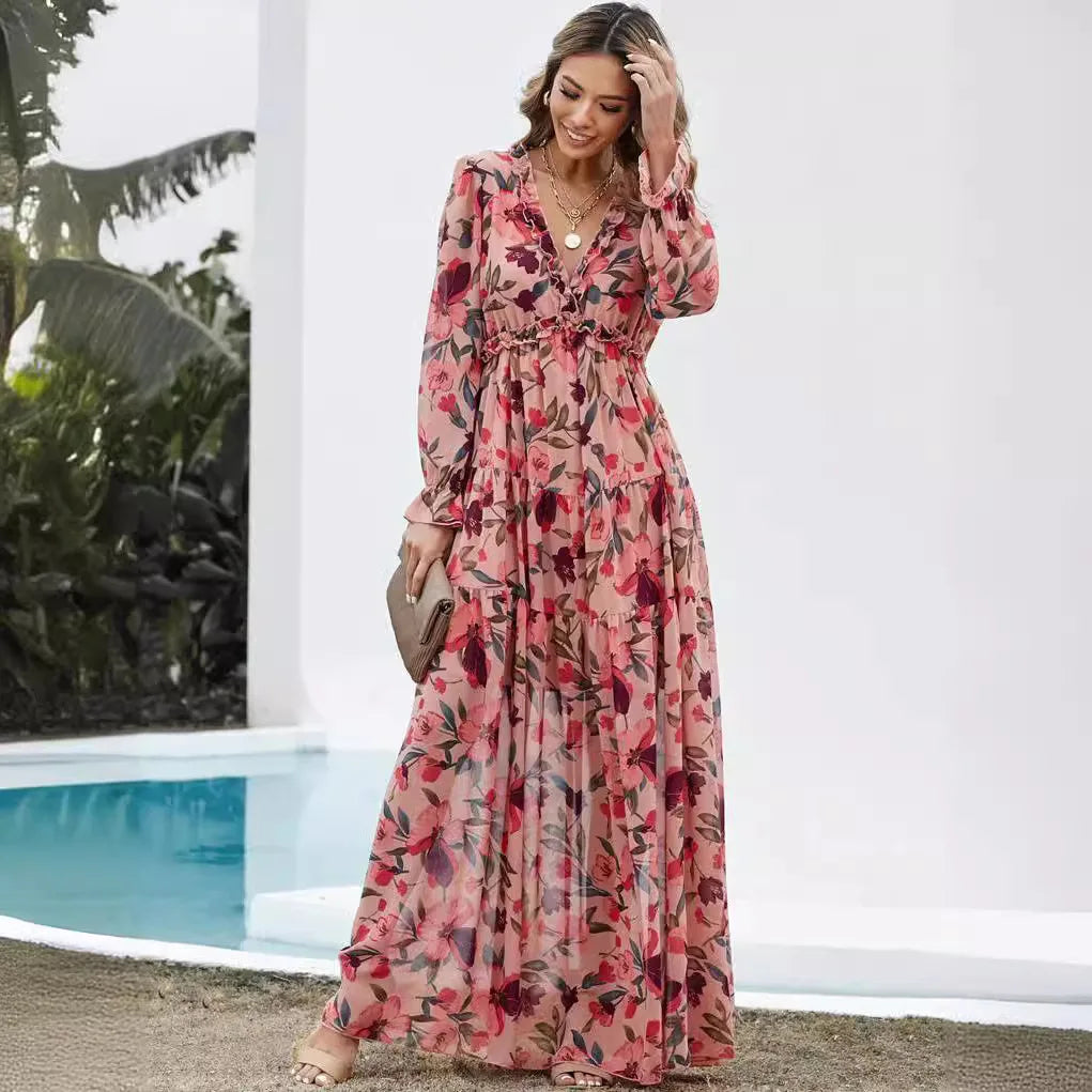 Elegant Floral Print Women Summer Casual Ruffle Layered Long Sleeved V-neck A Line Long Maxi Party Loose Boho Dresses