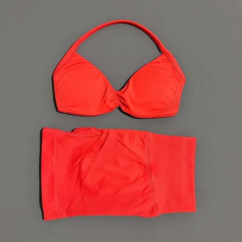 2 Piece Sport Set Women Seamless Yoga Tank Bra High Waist Scrunch Bum Gym Shorts Sets Fitness Running Workout Suit