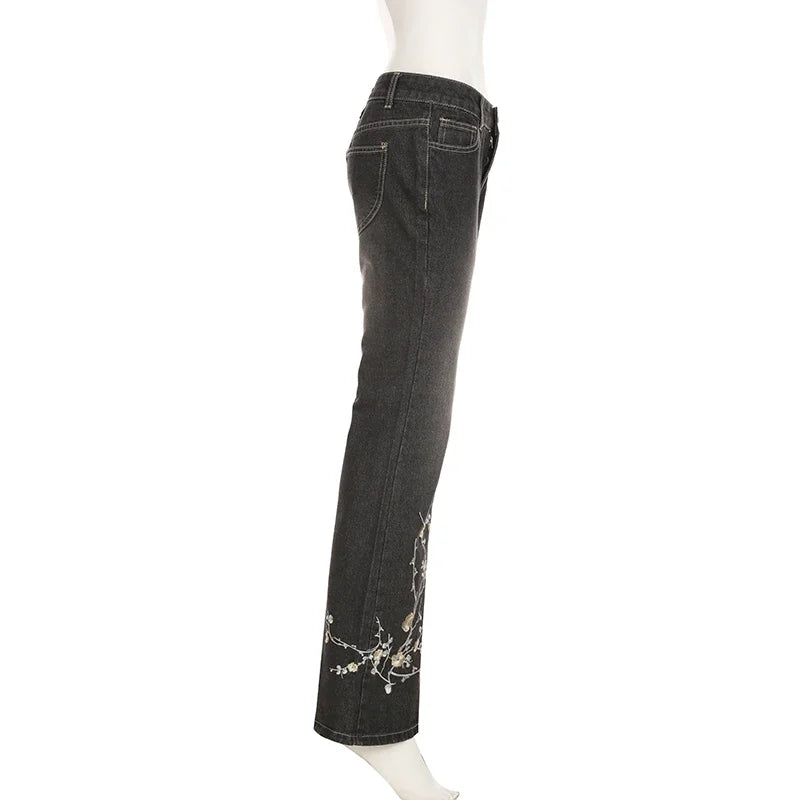 Weekeep Floral Embroidery Jeans Vintage 2000s Low Rise Flared Jeans Women Retro y2k Baggy Denim Pants High Street Basic Trousers