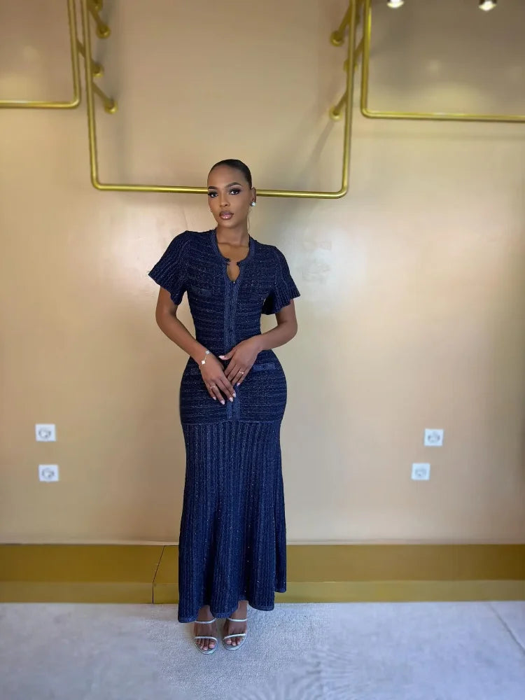 Cinched Waist Sequin Maxi Dress for Women Round Neck Short Sleeve Knitted Dresses 2026 NEW Hollow Out Single Breasted Midi Robes