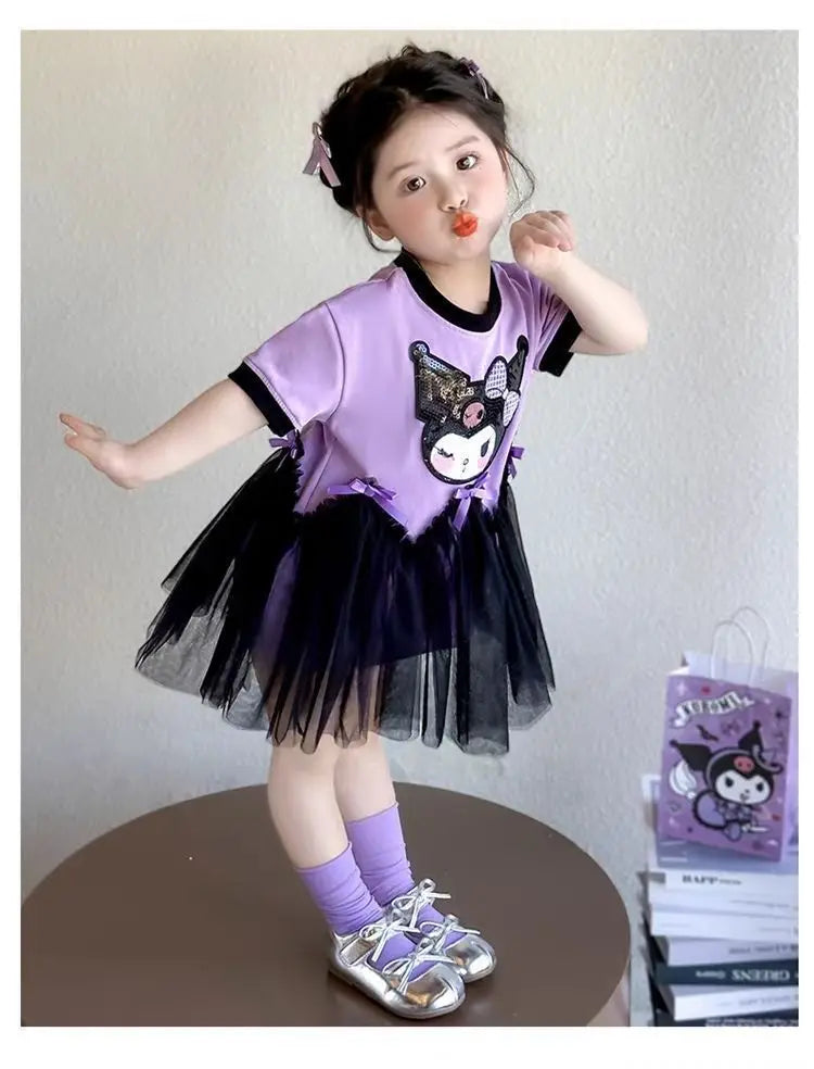 kuromi Princess Style Short Sleeve Dress for Girls Baby Mesh Skirt Summer New Arrival Children's Clothing Casual Daily Skirt