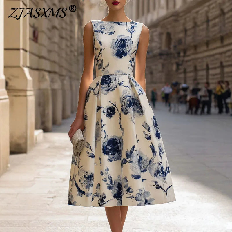 Elegant Floral Print Slim Long Dress Womens Boho Office Sleeveless Round Neck A-Line Dress Summer High Waist Pleated Party Dress