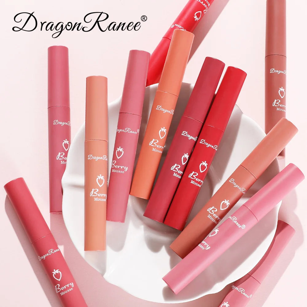 Dragon Ranee 12 Color Matte Lip Gloss Velvet Texture Waterproof Moisturize Lip Gloss Lasting Non-stick Cup Fashion Cosmetics 5ml