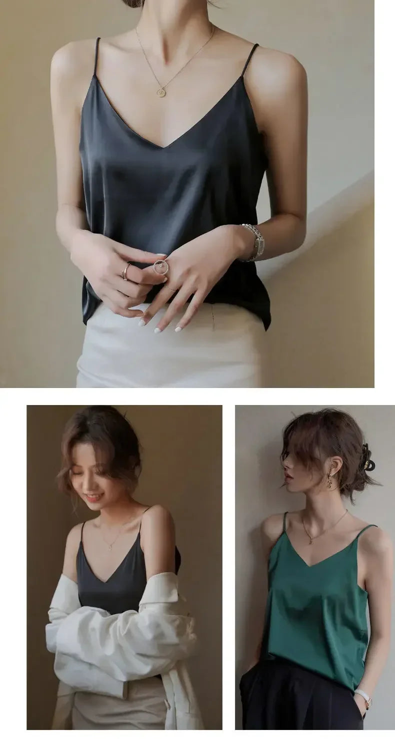 Women Halter V Neck Basic White Cami Spaghetti Strap Top Sleeveless Satin Silk 2026 Tank Tops Women'S Summer Camisole