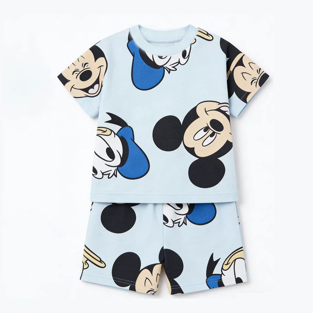 Disney Mickey Children's Sports Set Cartoon Fashion Loose Girl Baby Boy Short Sleeve Round Neck T-shirt+shorts Two Piece Set