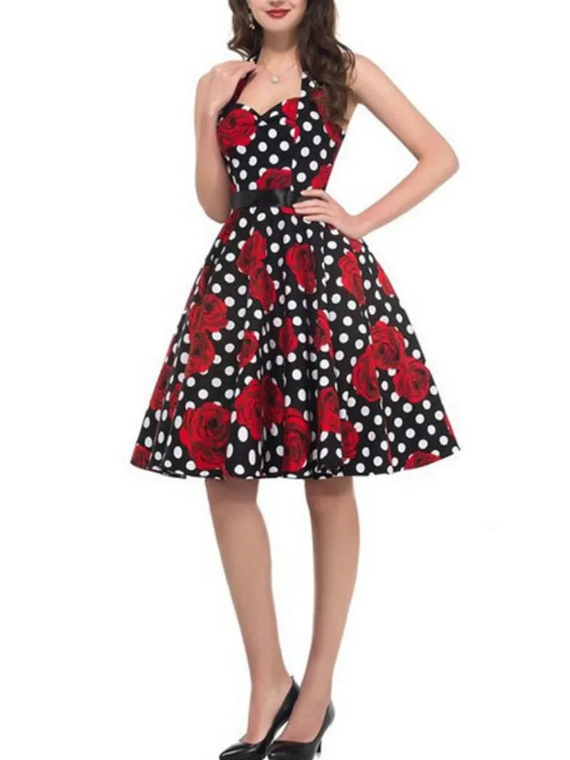 Elegant Women Pink Polka Dot Dress Summer Robe Hepburn 1950s 60s Vintage Sexy Halter Rockabilly Retro Party Dresses 2026 Vestido