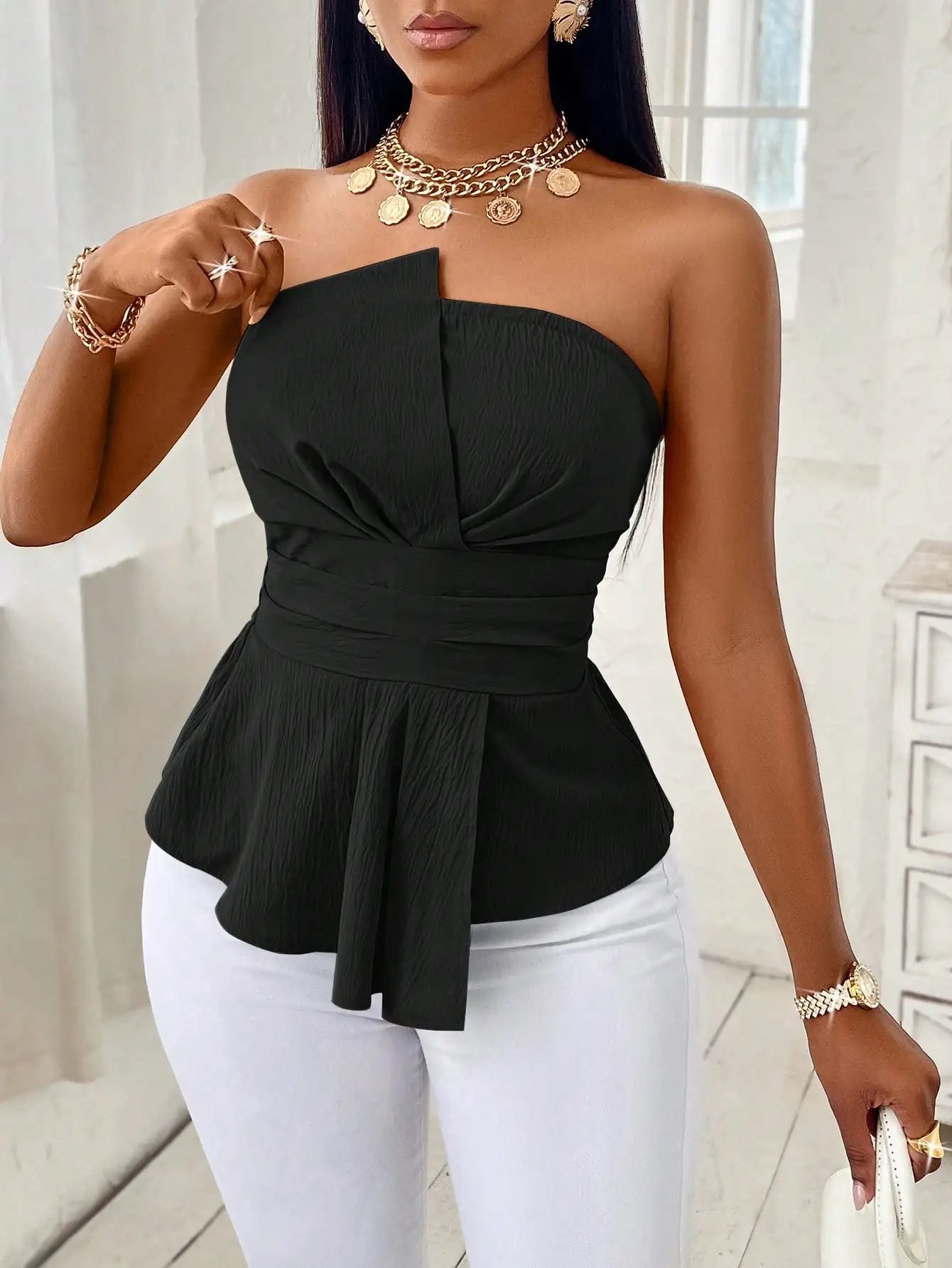 Elegant Peplum Strapless Top, Belted Wrap Waist Blouse for Vacation & Commute
