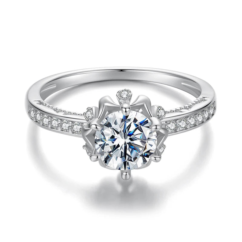 BAMOER D Color VVS1 EX Moissanite Flower Ring 1ct Round Moissanite Diamond Solitaire Engagement 925 Sterling Silver Rings For Wo