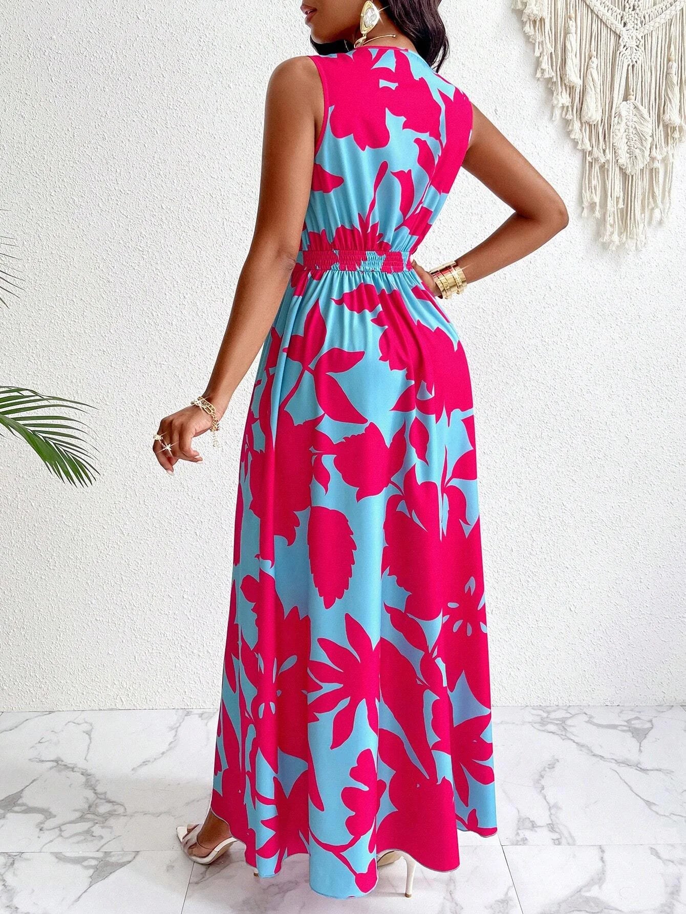 Vintage color contrast sleeveless V-neck dress, unique print interpretation elegant style