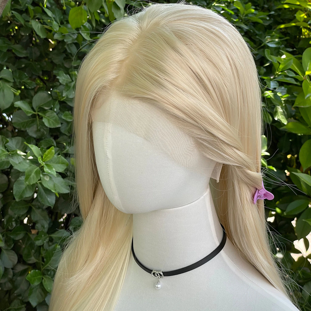 Light Blonde Synthetic Hair 13x4 Lace Front Wigs for Women 26 Inch Long Straight Free Part 150% Density Glueless Half Hand Tied