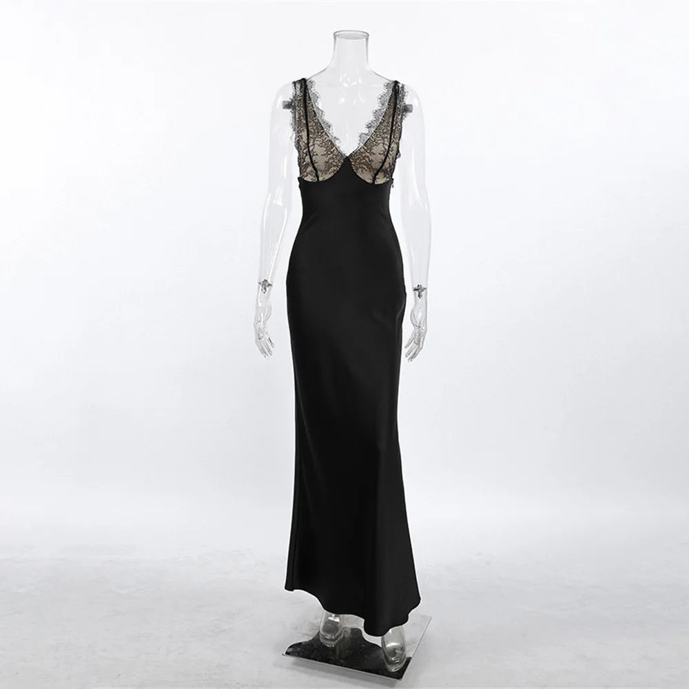 Tossy Lace V-Neck Printed Long Dress Women's Patchwork High Waist Slim Backless Summer 2026 New Dress Female Party Dress Gown