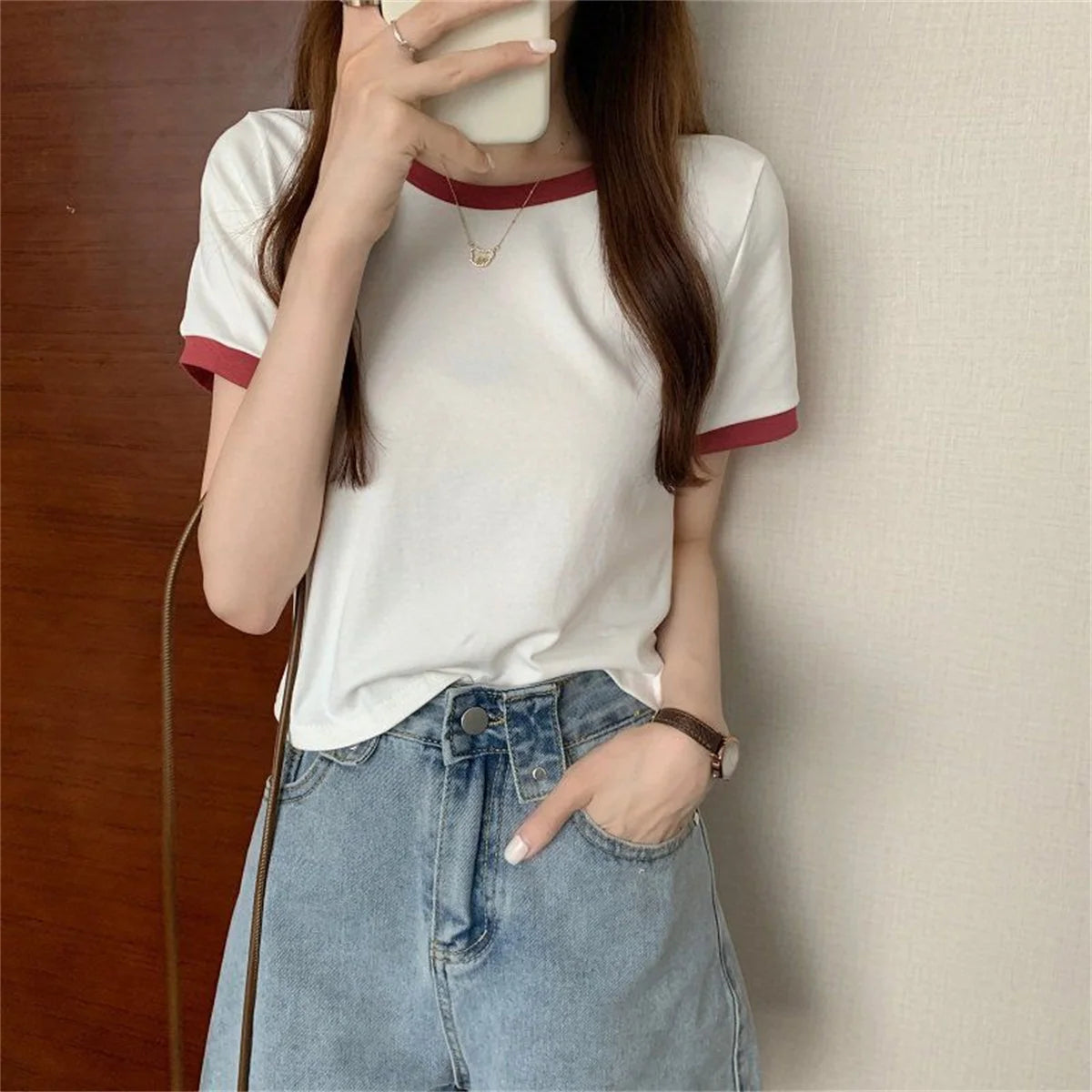 Fashion Patchwork T-shirts Women Basic Tee Casual Oversized Tops Quality Unisex Short Tshirts Tees Girl Summer Clothing Tops