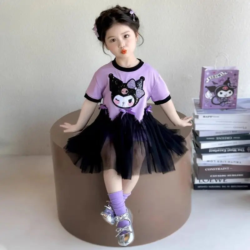 kuromi Princess Style Short Sleeve Dress for Girls Baby Mesh Skirt Summer New Arrival Children's Clothing Casual Daily Skirt