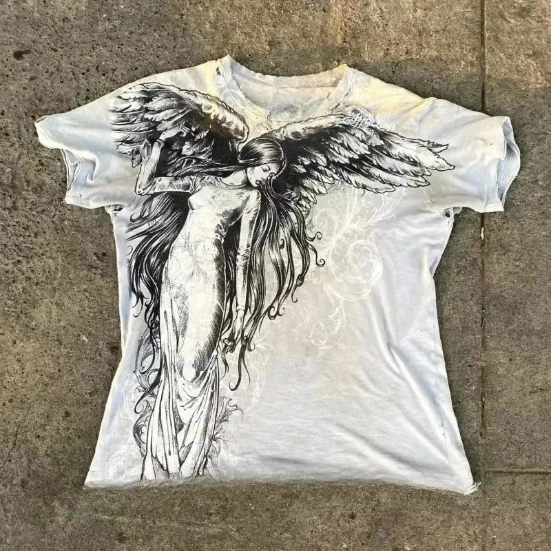 Hip Hop T-Shirt Streetwear Women Vintage Graphic American Style Fashion Baggy Pure Tops Leisure Couple Short Sleeves Clothing
