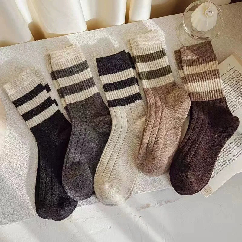 5 Pairs Striped Print Socks, Comfy & Soft Mid Tube Socks, Women's Stockings & Hosiery