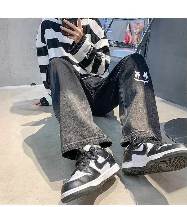 Harajuku Smile Print Baggy Pants Men Streetwear Wide Leg Oversize Jeans Vintage Y2k Straight Long Trousers Male 2024 Fashion