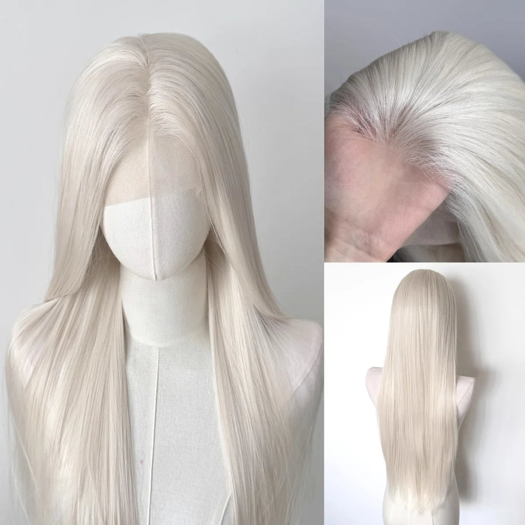 Ashely Platinum Blonde Wig 26inch 13x4 Lace Front Wig Long Straight Synthetic Lace Wigs High temperature Fibers for Cosplay