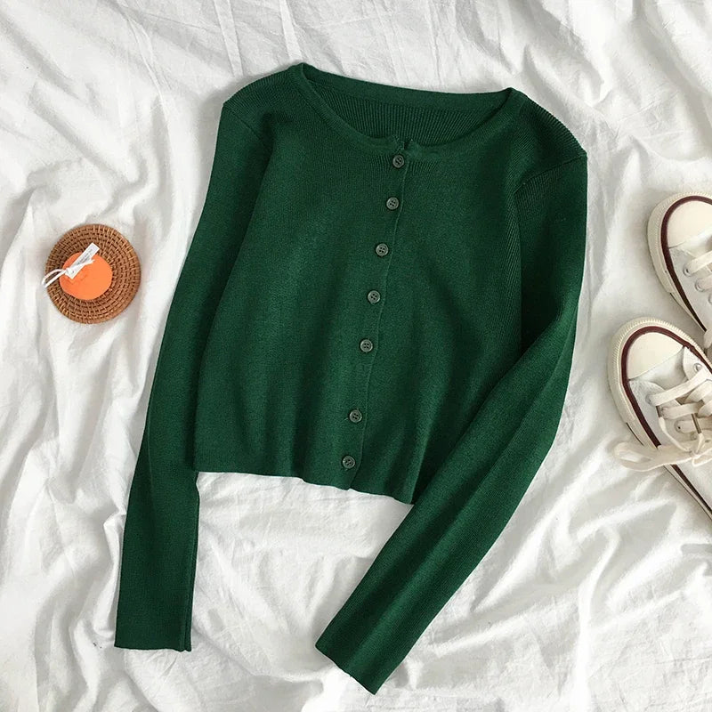 Spring Autumn Knitted Cardigans Women Long Sleeve Buttons Front Vintage Cardgian Top Classic Style Simple Soild Color Chic