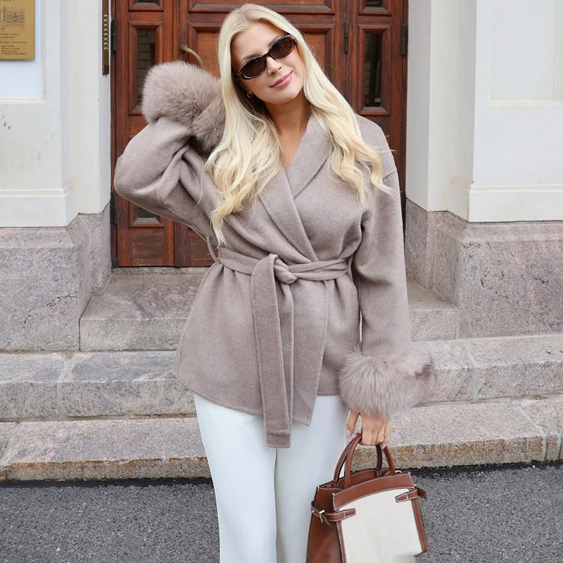 TARUXY Fox Fur Woolen Coats Women's Short Coat Office Lady Removable Elegant Double-sided Wool Overcoat 2025 New Cardigan Jacket