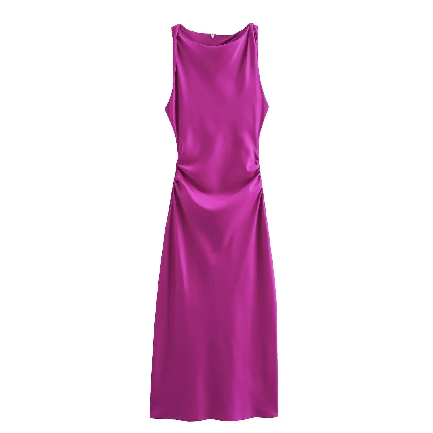 XNWMNZ 2024 Women's Fashion Satin Midi Dress Women High Street O Neck twisted armholes Waist Gathered Fit female Midi Dresses
