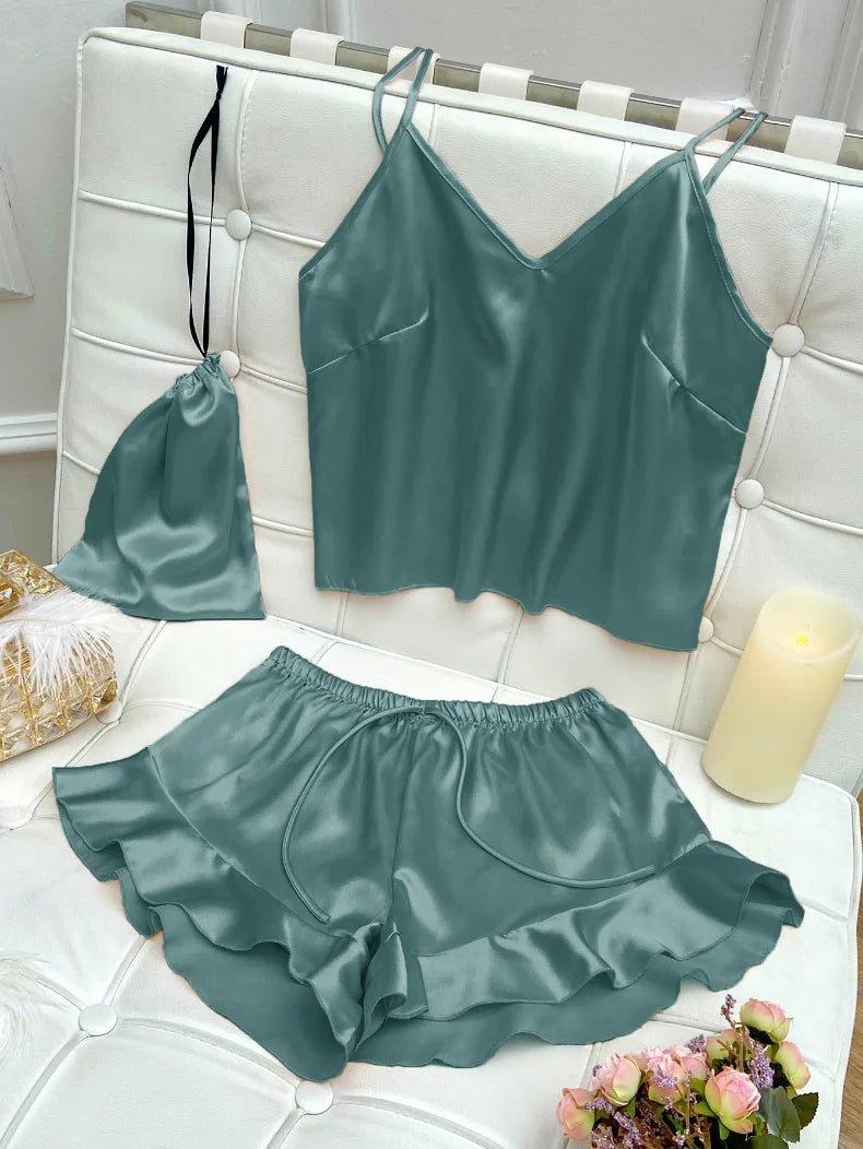 Fashion Sexy Underwear Set Women's 2 Pieces Sleepwear Pyjamas Silk Satin Bellyband Cami Top and Shorts Pajamas for Women Pijamas