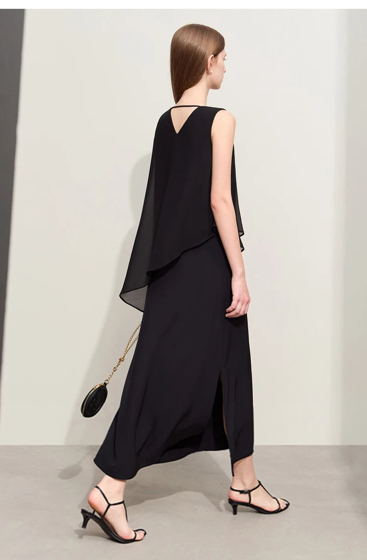 Amii Minimalism 2024 Women Dresses Summer New Vacation Style V-neck Spliced Chiffon Female Sleeveless Loose Dress 12452102