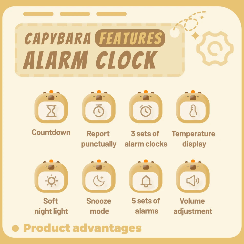 Bedside LED Clock Kids Alarm Clock Children's Sleep Trainier Temperature Display With Rechargeable Control Digital Cute Capybara